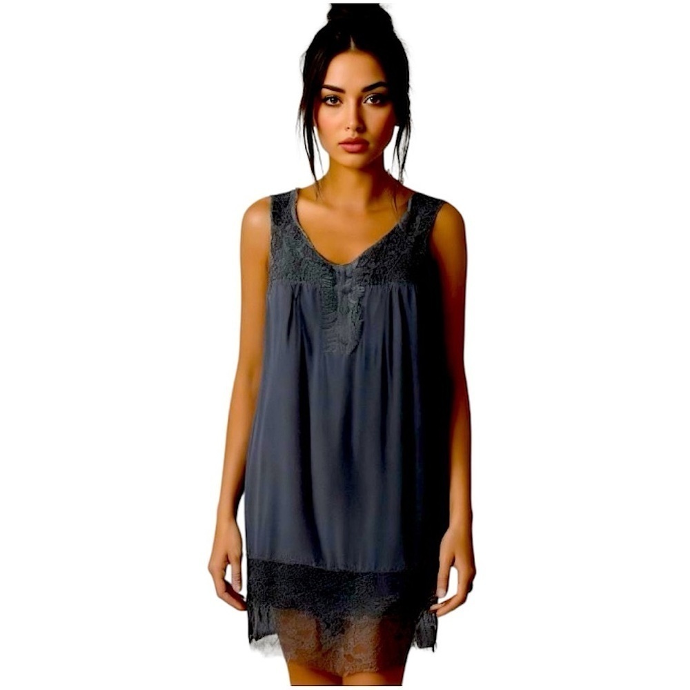 OXMO Black Mini Silk Dress Sz XS Floral Crochet Sleeveless Ruffle Shift
